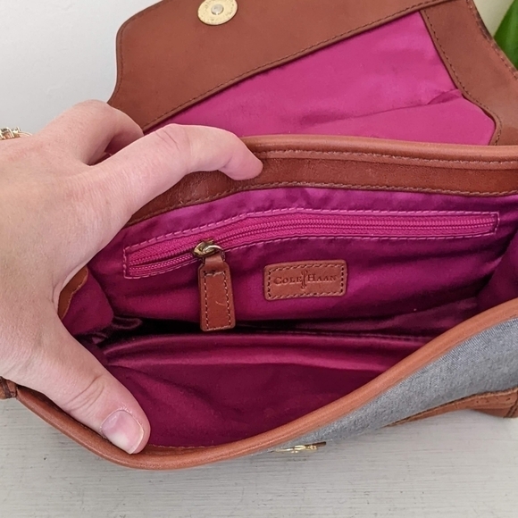 Cole Haan Tooled Leather Canvas Crossbody Purse Bag - Picture 5 of 8